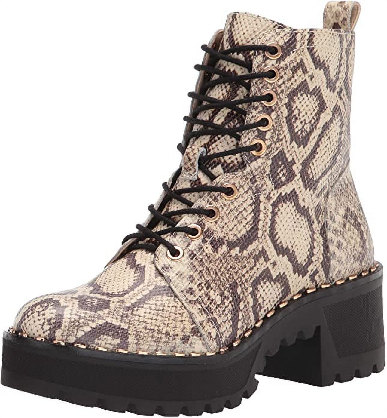 Mecale Natural Snake Chunky Heel Combat Booties Lace Up Moto Boots (Natural Snake, 5)